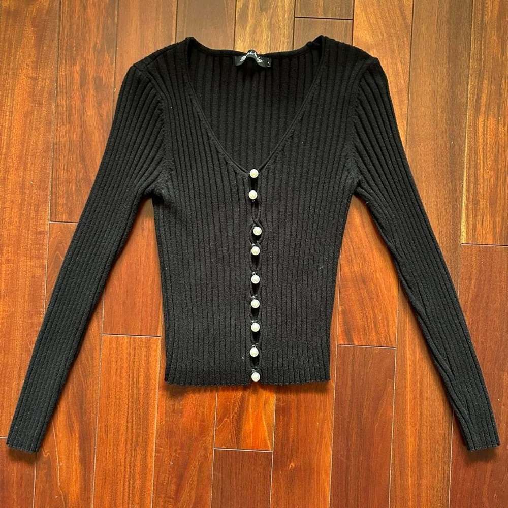 Black Ribbed Button-Down Cardigan